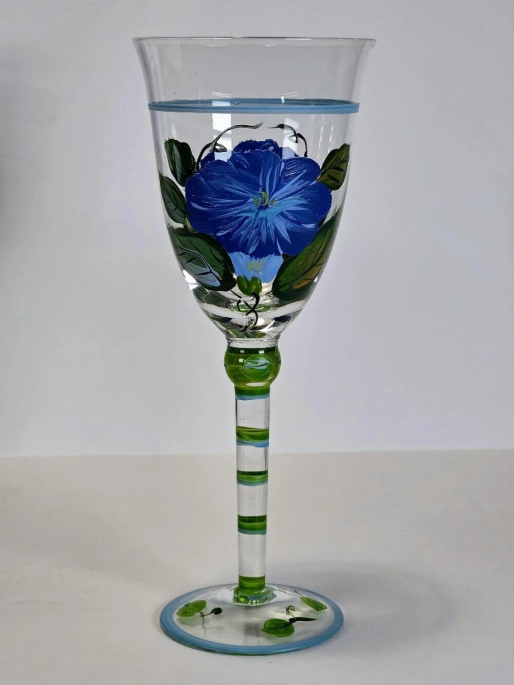 Vintage Blue Floral Hand-Painted Wine Glasses